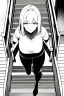 Placeholder: girl runs on the stairs, greyscale