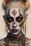 Placeholder: realistic portrait of harley quinn Hyperrealism, Ethereal portrait of a mystical being with tribal features, vibrant orange eyes, reptilian pupils, intricate scale-like patterns around the eyes, pale skin adorned with freckles, tribal tattoo on the nose bridge. Adorned in a weathered yellow tribal mask with dark markings, a central rivet, necklaces of gold, black, and red beads, a rustic red and dark green scarf with intricate designs, and small earrings. Serene expression, intense gaze, desatur