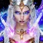 Placeholder: cosmic mage, elf, female, battle mage, epic, cosmic magic, long ears, white hair, face details, pale skin, jewellery, broad shoulders, sharp ears, cosmic clothes, cosmic eyes, ears shown, light out of eyes, the cosmos in eyes, stars in eyes, shining eyes, non human face, thin face, animation, detailed ears, magical eyes, non realistic, closed mouth, bigger make up