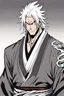Placeholder: A manga-style portrait of a 35-years old male Shinigami from Bleach, tall and muscular, with wild silver-gray hair, steel-colored eyes, and a scar across his left brow and cheek. He wears a tattered captain's haori of the 11th Division, open kimono revealing a dragon claw tattoo on his chest, and metallic claws on his forearms. He smirks defiantly, standing in a dynamic pose with silver reiatsu swirling around him.