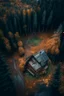 Placeholder: aerial view from wild destination with old cabin into a forest, is autumn and moody rainy day, photography details 4k