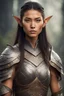 Placeholder: no pointed ears Young warrior woman with Asian eyes, tanned skin, serious look, wearing elven armor