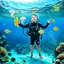 Placeholder: Make a image of a young boy wearing scuba gear, underwater with fish, jellyfish and bubbles. Low angle view looking up towards the surface of the Ocean, Photorealistic.
