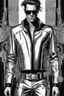 Placeholder: fashion illustration, sketches, futuristic man fashion, microchip designe shirt, black leather pant with silver accessories and belt buckle, steampunk and cyberpunk mixed style, sci-fi fashion style