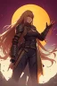 Placeholder: Wagnard Record of Lodoss War, oldschool, insane, ghost in the shell art style, in the art style of Record of Lodoss War, Dark Paladin, standing in front of a sea of red, large moon in the background, Female, light armor, dark ginger long hair, orange eyes