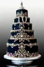 Placeholder: A large, black ornate wedding cake embellished with diamonds, gold and various colorful gemstones, crystals, and other decorative elements, with a number "10" candle on a black background