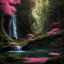 Placeholder: Generate a dreamy forest scene with ancient, moss-covered trees and soft, dappled sunlight filtering through the leaves. Include a hidden waterfall cascading into a crystal-clear pool."pool."nightlife."clouds."overhead."and pink."