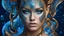 Placeholder: humanoid, double exposure, silver skin, fish scales, slender muscular warrior, tattoo, tentacles, gold, blue, copper-zinc orichalcum jewelry and piercing, beautiful face, mesmerizing starry eyes, smooth translucent skin, hourglass, glowing, glare, size DD.