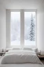 Placeholder: minimalism, white, modern, bedroom, big bed, a window, winter, basic, cozy, fancy