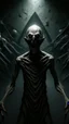 Placeholder: A demonic figure with a triangular body with long arms and creepy small eyes that is floating in a dark room