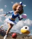 Placeholder: Ultra realistic speed clouds sky scene, wide angle view, cheerleader teenager falling down with many Children background, inflatable monsters, circus dress style, feather color, free jumping flying, many trinkets, hair monster, many jelly beans, balls, color smoke, smile, happy, extreme, wind, clouds sea, 20,000 feet altitude, stratosphere, soft color, highly detailed, unreal engine 5, ray tracing, RTX, lumen lighting, ultra detail, volumetric lighting, 3d, finely drawn, high definition.