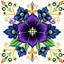 Placeholder: "Generate a symmetrical floral embroidery featuring a royal purple flower with silver highlights, framed by navy blue blossoms, soft green leaves, and golden ornamental swirls."