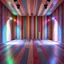 Placeholder: Central Symmetrical View Of A Colorful Wooden Floor & Wooden Wall With Colorful Brush Strokes In An Empty Room With Colorful Stage Lights.