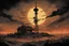 Placeholder: night, radio tower, apocalyptic background, comic book,