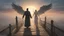 Placeholder: constantine, walking straight ahead over a wooden bridge, holding the angel of death with your right hand, entering the fog at the end of the road that leads to the afterlife, and a beautiful sunset and galaxy's behind the fog, realistic