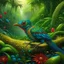 Placeholder: alien bird, jungle background, very detailed, hyper realistic, nature photography, colorful. Thomas Kinkade. Yayoi Kusama