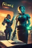 Placeholder: book cover illustration, Nico Belic and woman in fallout 4 setting, bokeh, downlight, prize winning, depth of field, monster in background, stereoscopic cartoon storyline montage, glowing guns