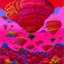 Placeholder: A dark pink sky with airships designed in Indian Gond art painted by Paul Ranson