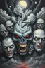 Placeholder: Nightmare in my mind, evil in many faces, Busch painting nightmare, thin line draw, 3D gray clouds colors