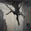 Placeholder: Minimal abstract oil painting of a falling person limbs sinew. Amongst concrete fragments brutalist architecture and hanging wires illuminated at night. In the style of Justin Mortimer and Phil Hale and Ashley Wood