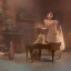 Placeholder: A cat in a historic dress is playing Piano. Background Music notes are dancing. Immpressionism