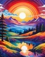 Placeholder: A vibrant, stylized landscape featuring rolling hills, abstract trees & a sun rising over a reflective body of water. A rainbow-hued mountain looms in the background with geometric shapes & layers blending vivid colors like red, orange, blue & purple. The scene conveys a surreal, futuristic aesthetic with smooth lines & gradient transitions between natural elements, creating a dynamic interplay of light, shadow & color.