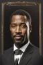 Placeholder: An extremely formal, funeral program on darkest bronze deeply pigmented velvet paper with brilliant, brightest heavy golden fonts, with a photograph on the front of the program of an strikingly handsome slightly tanned Biracial Black man of 50 years of age, with a slightly gray goatee dressed in a very dark conservative suit and tie, the photograph has a dark brown background or dark brown drapery background, simple, minimalistic, less element, very dramatic lighting