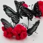 Placeholder:  Черная Прозрачная Бабочка из воды и букет венок красные стеклянные цветы в жемчужном сиянии капли дождя