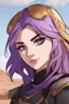 Placeholder: Young woman with violet hair, vivid gold eyes, bandit attite,smirking, desert background, RWBY animation style