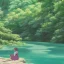 Placeholder: Girl sitting by the river, green landscape with bioluminescent trees, high quality, intricate detail, sharp focus, theme park, romantic, at dusk, light dust, makoto shinkai, studio ghibli