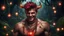 Placeholder: HYPER REALISTIC PHOTOGRAPHIC Middle Angle View Of A Handsome Muscular Young Man With Ritualistic Costume With Bone Necklace Unleashing Glowing Magic Balls, With A Fierce Devilish Smiling Expressions On His Face With Glowing Red Eyes With Short Messy Maroon Hair & Golden Horns In A Dark Dense Jungle At Dark Night With Fireflies Showing Dramatic & Cinematic Ambiance