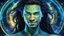 Placeholder: beautiful gorgeous young man na'vi with long hair, Avatar, blue skin, two small ears, green eyes, blue skin, black hair, in cosmic suit, galactic ambiance, medium pointy goatee , smiling, nebulas and sacred geometry light figures on the backgroud,