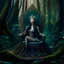 Placeholder: A beautiful as a model asian woodland elf princess who looks like Lucy Liu seated on a throne in a mystical forest