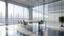 Placeholder: Side view on meeting room with light modern furniture and city view from glass wall behind blurred glass partition from office area with concrete floor. 3D rendering