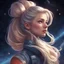 Placeholder: Her hair, pulled into a high ponytail, is proof of her resolve. From now on, she will no longer waver, in space art style