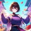 Placeholder: Clear focus,High resolution, one girls, Short brown hair, Purple eyes, Wearing a techy outfit standing with blurry sakura leafs falling down, Wearing a split skirt, Cut Sleeves