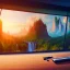 Placeholder: desk, parquet, sheet of paper, little pen, in front of a huge picture window with large view on a waterfall with warm light, sunset ,pixar style, panorama, nature, globe, HD, Hallelujah mountains