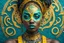 Placeholder: colorpop style, an African woman with yellow makeup and face art, in the style of sci-fi baroque, canon eos 5d mark iv, celtic art, dotted, teal and silver, egyptian iconography, contest winner