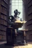 Placeholder: A huge library is serviced by computers, and there are many books on the shelves. The robot is sitting on a chair at the table and holding an antique book in his hands. Expression. High-quality drawing, 8K