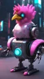 Placeholder: CHICKEN robot made of cotton candy, sci-fi, cyberpunk, full body, ultra realistic, virtual reality, cyberpunk city and colors