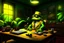 Placeholder: Pepe the gangster frog smoking a phat cigar in the lounge, tape decks on a noir desk, large yellow coned speakers with plants