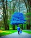 Placeholder: park mystical dream, park bench, man, woman, child, dog, pretty blue and purple trees, blue path, bird, jogger, sunshine, mystical, fantasy, romanticism, cinematic, cinematic lighting, award-winning, beautiful colors, daylight, daytime,