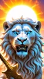 Placeholder: The face of a powerful white lion with roaring blue eyes and a large full sun behind her head and a golden sword in her hand in a beautiful and amazing view and psychedelic atmosphere.