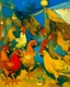 Placeholder: A blue circus with fast chickens painted by Paul Gauguin