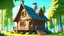 Placeholder: small cute fantasy wooden house near a forest, daytime