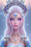 Placeholder: cosmic princess girl belle fine, profil de trois quart, grand front cosmique, peau bleu cristalline, yeux bleu, perle sur le front long cheveux blond et rose etoilé cristaux sur le corps, collier de grande princesse, levres souriante, très jolie sourire