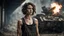 Placeholder: ducking beautiful slender caucasian female technician with a knife, looking away from camera, black tank top, well toned muscles, weathered face, scratched sand camo metal details, short brunette wavy bob haircut, dystopian, postapocalyptic city scene with smoke and explosions. giant robot in the background