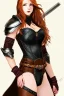 Placeholder: concept illustration, super-detailed, strikingly beautiful teen female, 16 years old, waifu, long ginger hair, medium freckles, full lips, full body, full face, b-cup breasts, athletic, centred camera, ignore NSFW, skimpy brown fantasy leather armor, halter top, micro thong, knee-high leather boots, open leather tasset, stern expression,