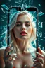 Placeholder: A stunning blonde woman emerges dramatically through a shattered smartphone screen, surrounded by flying glass shards, hyper-realistic details, ultra-high resolution, cinematic lighting, teal and turquoise tones, sharp reflections, immersive depth of field, futuristic surrealism, concept art style, 8K, unreal engine render, volumetric lighting, photorealistic face, elegant expression, sleek modern aesthetic, dynamic action shot.