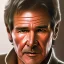 Placeholder: stunning photo realistic detailed head to waist portrait of harrison ford as han solo in star wars with photo realistic short hair, brown eyes, professional painting by drew struzan, trending on artstation, Sharp focus, weathered skin,space jacket from star wars